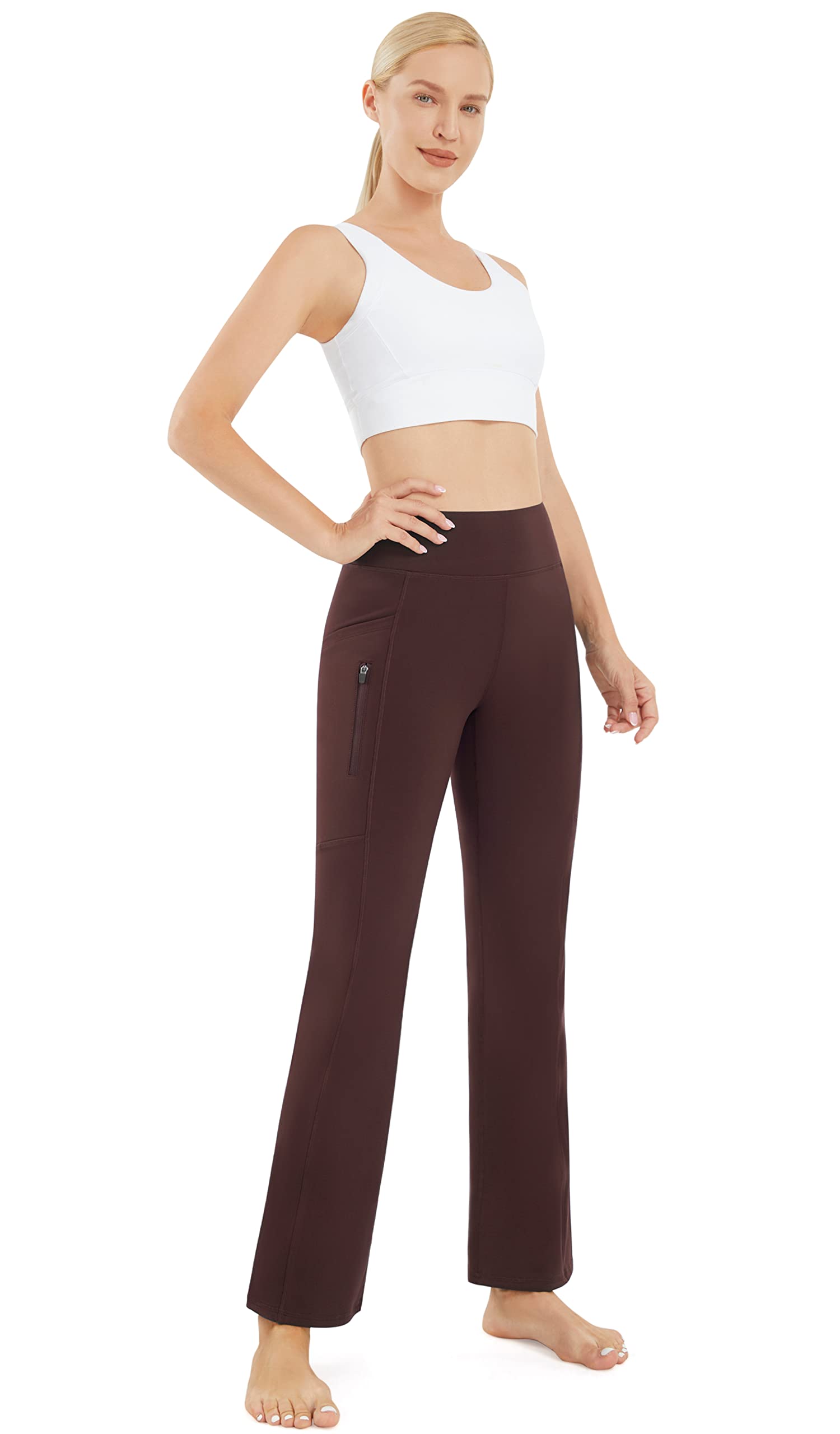 AFITNE Fleece Lined Pants Women Flare Leggings Bootcut Straight Leg Yoga Pants High Waisted Winter Warm Thermal Pants with Pockets-Brown-M