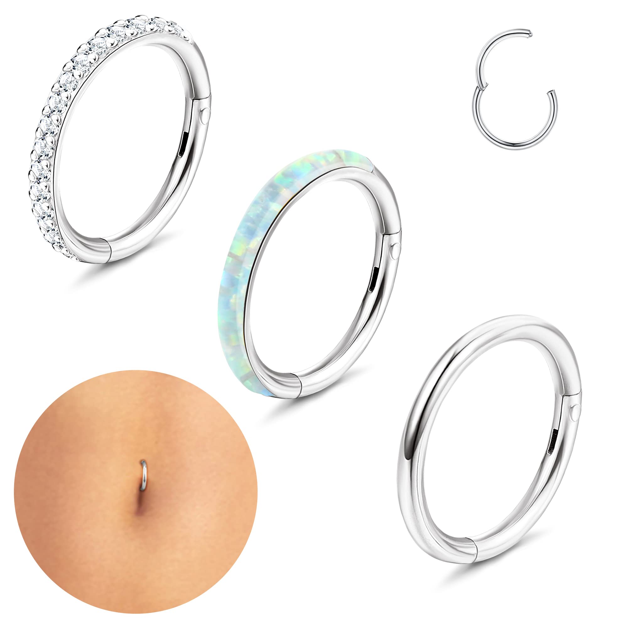 Sanfenly 14G Belly Button Rings 316L Surgical Steel Belly Ring Hoop Clear CZ Opal Navel Rings Hoop Clicker Segment Belly Piercing Jewelry Gold Silver Tone 8mm 10mm 12mm