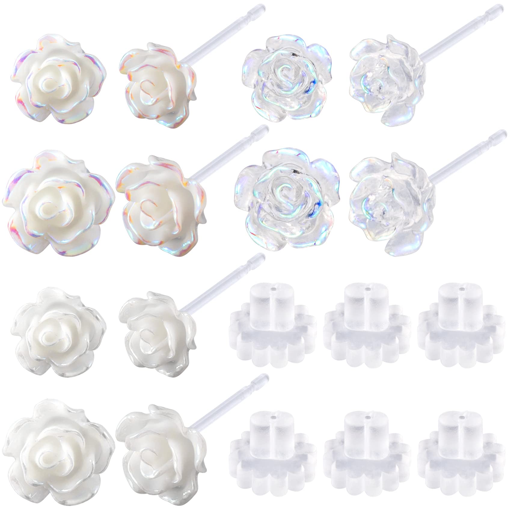 HINZIC 6 Pairs 6mm 8mm Plastic Clear Earrings 3D Rose Earrings Stud Post Hypoallergenic for Sensitive Ears Women Teen Girls Valentines Wedding Prom Mothers Day Gift