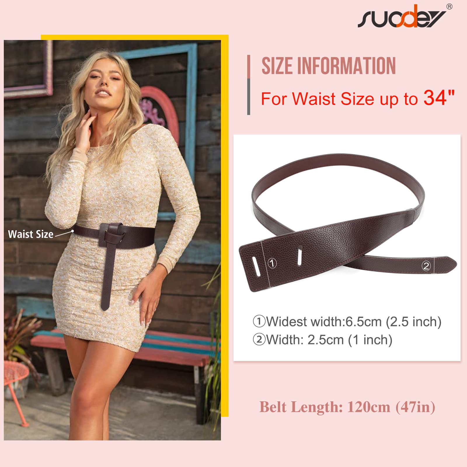 SUOSDEY Womens Leather Belt for Dress, Tie a Knot Genuine Leather Waist Belt for Jumpsuit Coat,coffee belt