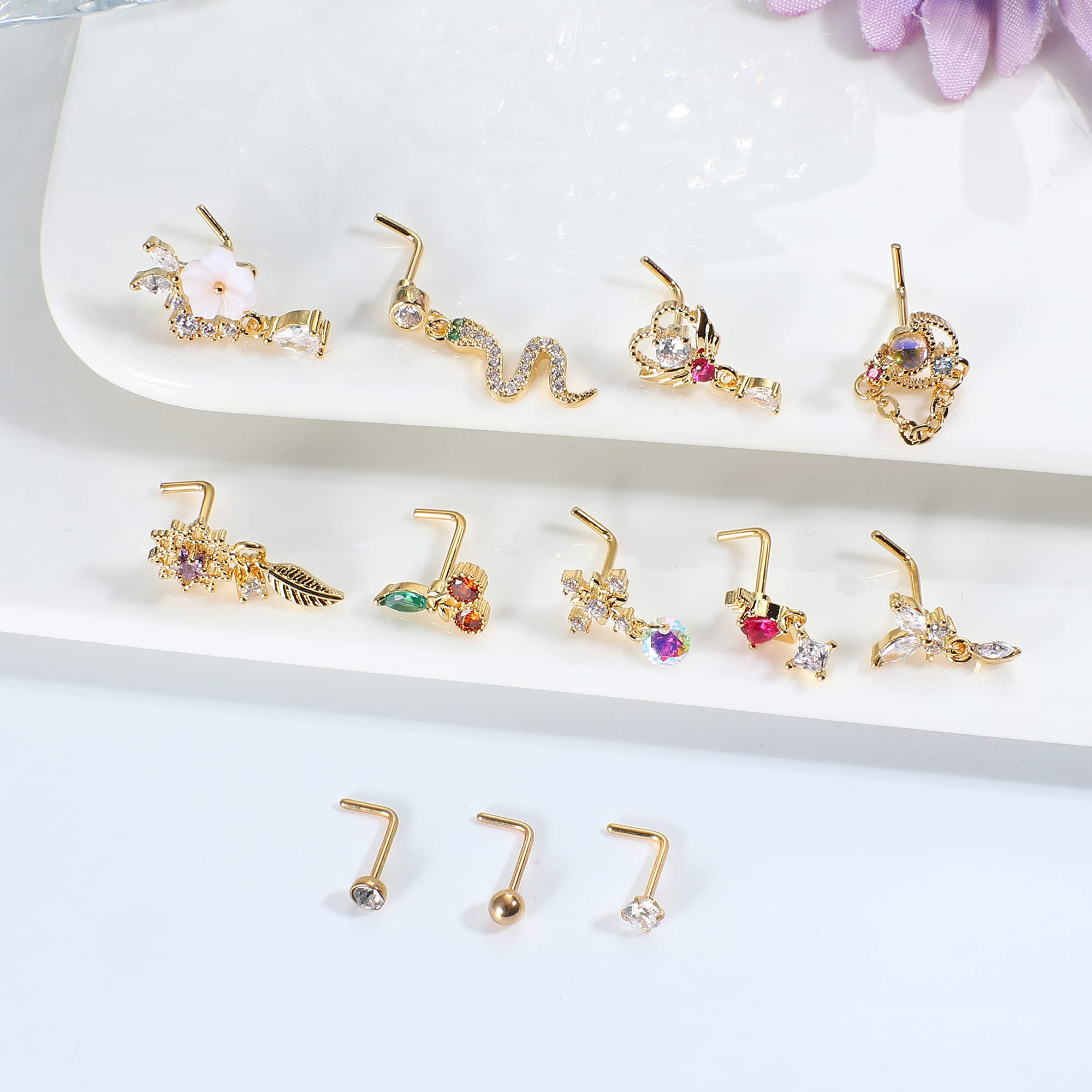 Sanfenly 12Pcs 20G Dangle Nose Studs for Women Stainless Steel L Shaped Nose Studs CZ Cherry Snake Heart Butterfly Flower Moon Dangling Nose Piercing Jewelry