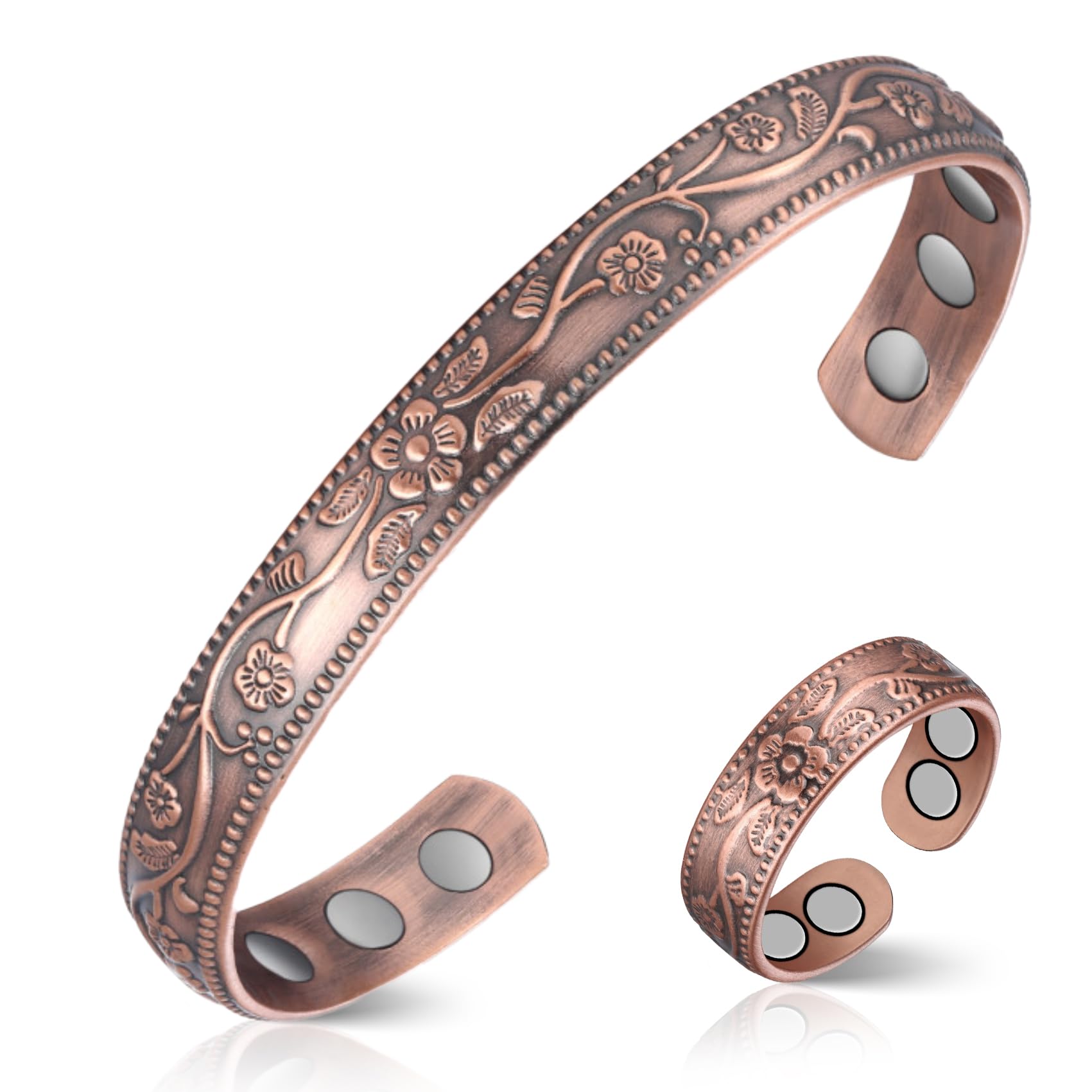 Feraco Copper Bracelet & Lymphatic Drainage Rings for Women, Vintage Flower Copper Magnetic Cuff Bangle, 99.99% Pure Copper with Neodymium Magnets, Adjustable with Gift Box