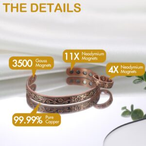 Feraco Copper Bracelet & Lymphatic Drainage Rings for Women, Vintage Flower Copper Magnetic Cuff Bangle, 99.99% Pure Copper with Neodymium Magnets, Adjustable with Gift Box