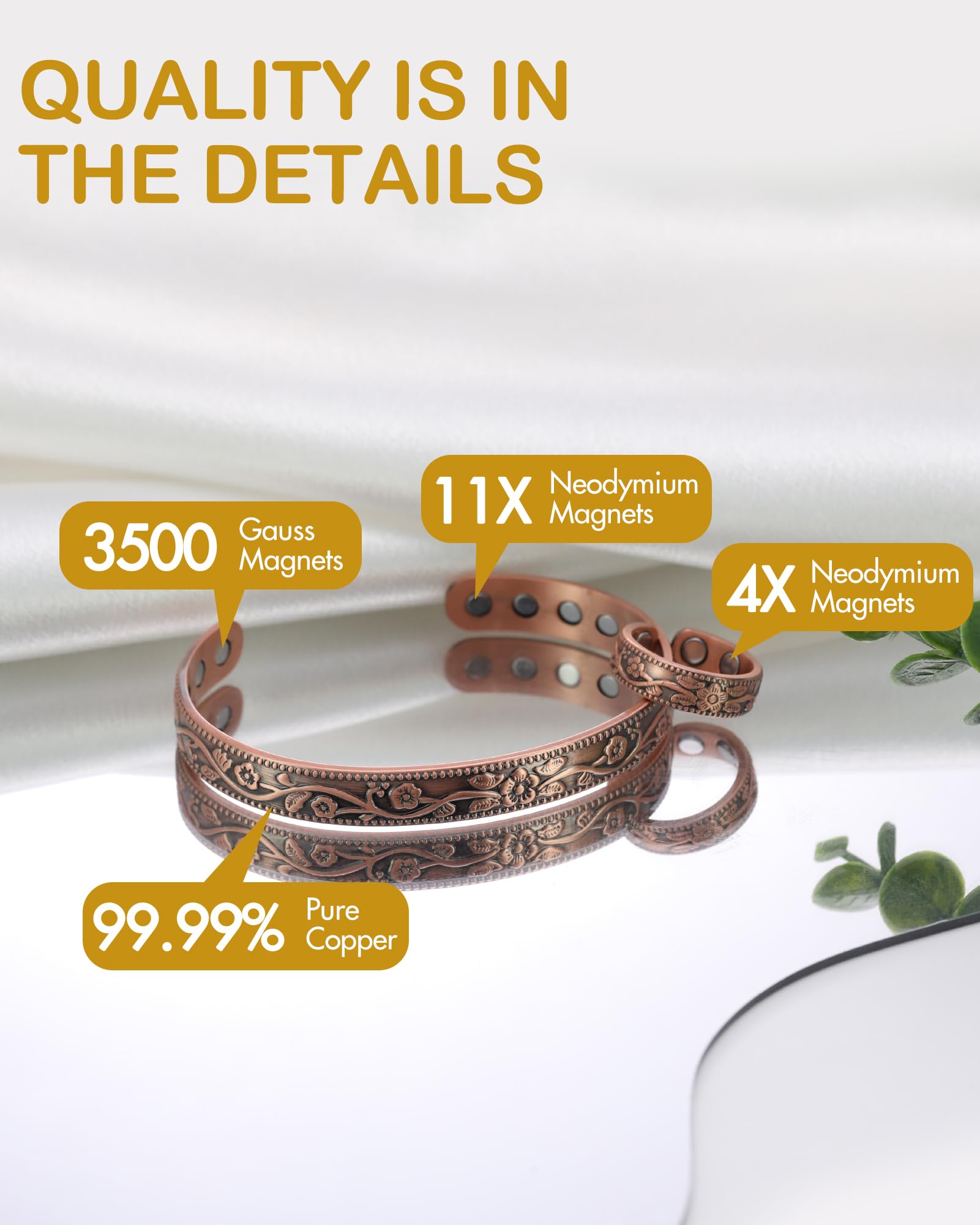 Feraco Copper Bracelet & Lymphatic Drainage Rings for Women, Vintage Flower Copper Magnetic Cuff Bangle, 99.99% Pure Copper with Neodymium Magnets, Adjustable with Gift Box