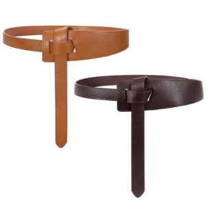 suosdey 2 pack women tie a knot belt genuine leather full grain leather waist belt for dress coat clothing accessories