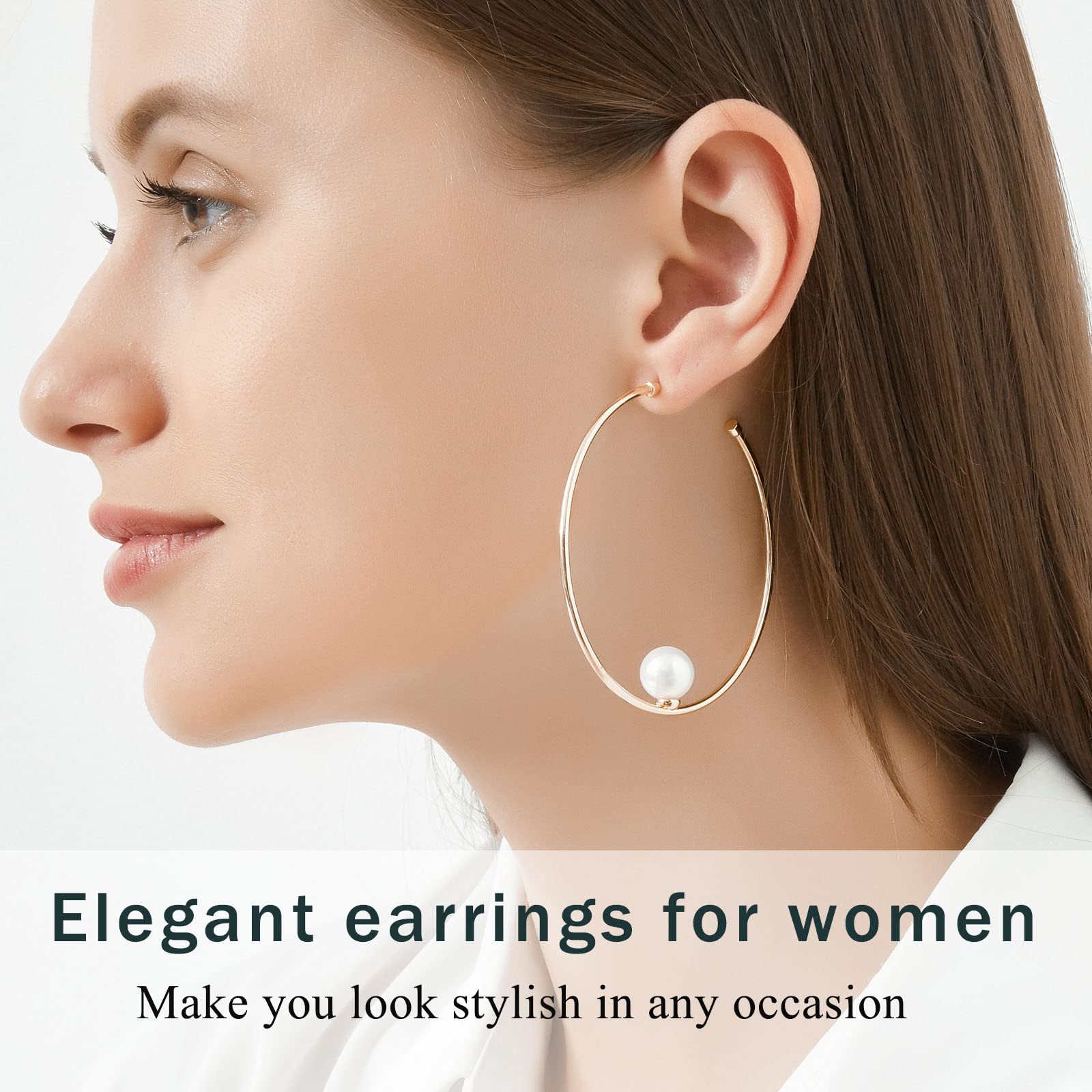 HUONGWIN Large Silver Pearl and 14k Gold Plated Hoop Earrings for Women