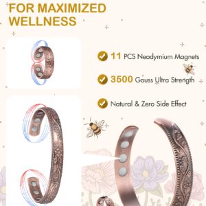 Feraco Copper Bracelet & Lymphatic Drainage Rings for Women, Vintage Flower Copper Magnetic Cuff Bangle, 99.99% Pure Copper with Neodymium Magnets, Adjustable with Gift Box