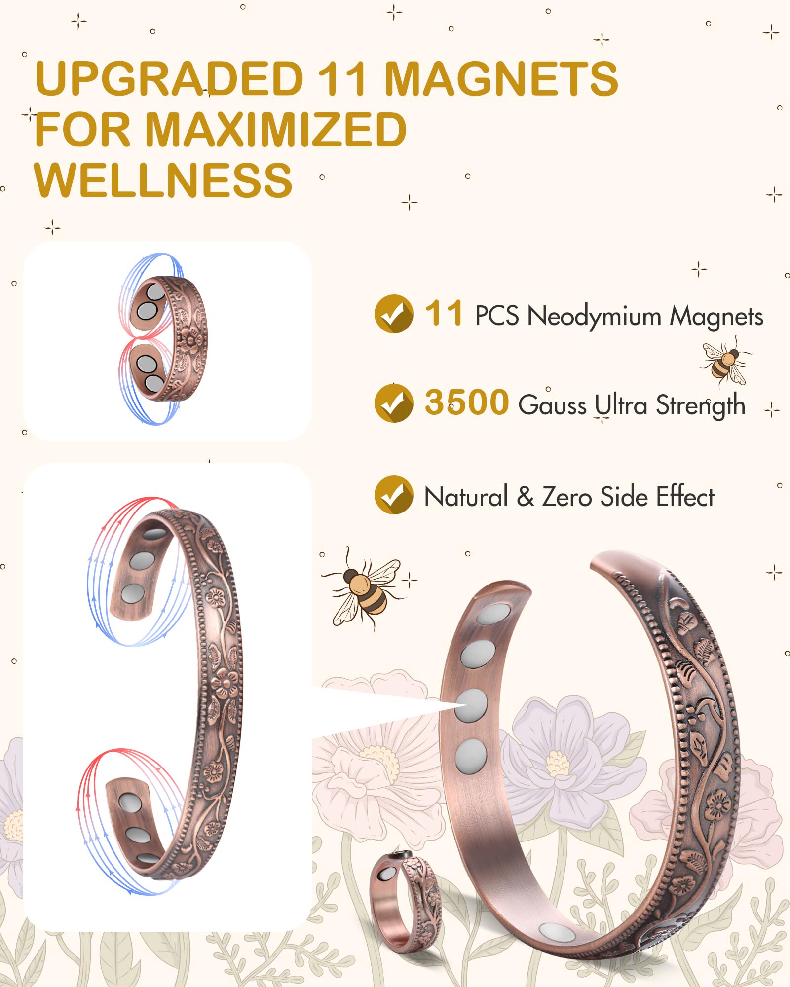 Feraco Copper Bracelet & Lymphatic Drainage Rings for Women, Vintage Flower Copper Magnetic Cuff Bangle, 99.99% Pure Copper with Neodymium Magnets, Adjustable with Gift Box