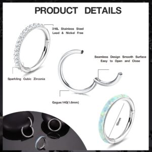 Sanfenly 14G Belly Button Rings 316L Surgical Steel Belly Ring Hoop Clear CZ Opal Navel Rings Hoop Clicker Segment Belly Piercing Jewelry Gold Silver Tone 8mm 10mm 12mm