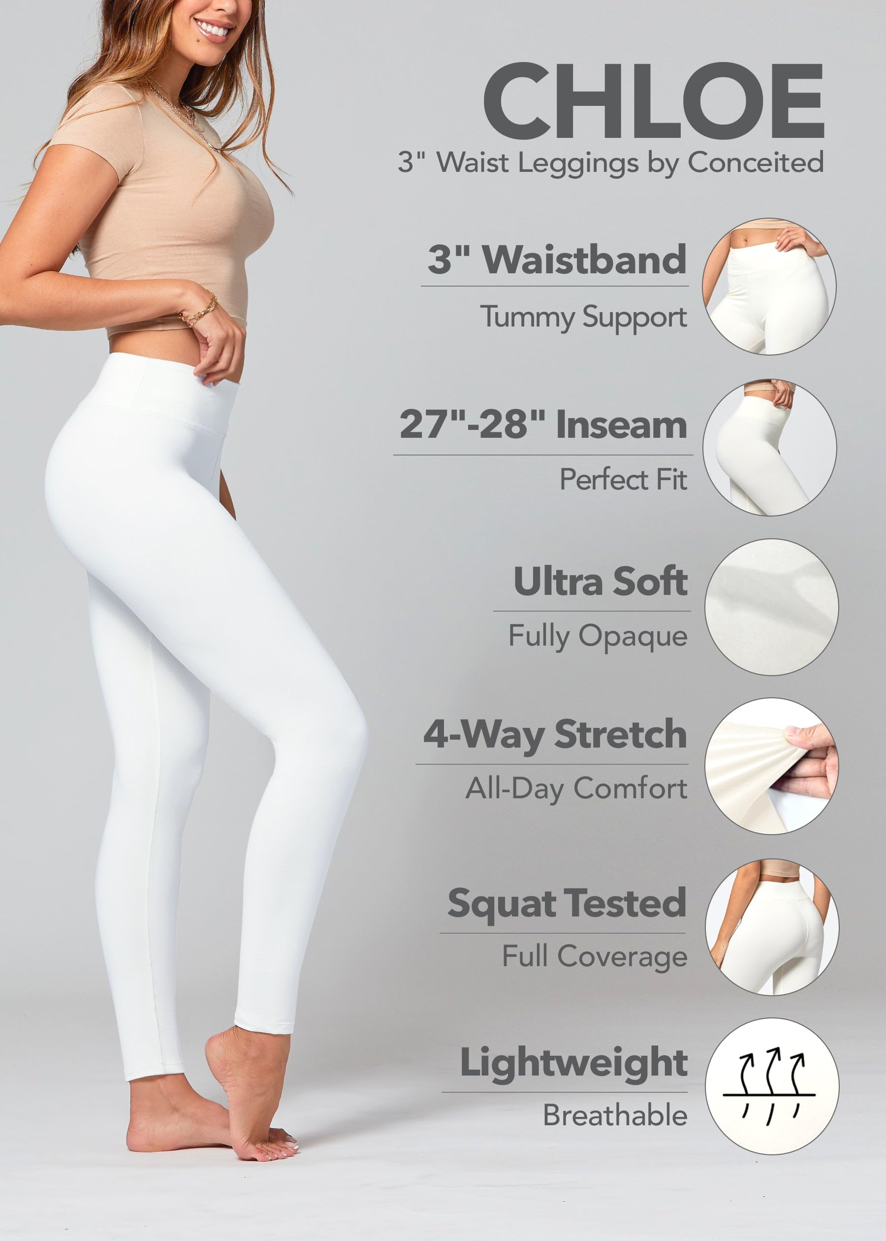 Conceited Leggings for Women - Tummy Control - 3" Waistband - Regular and Plus Size - Super White - Small - Medium