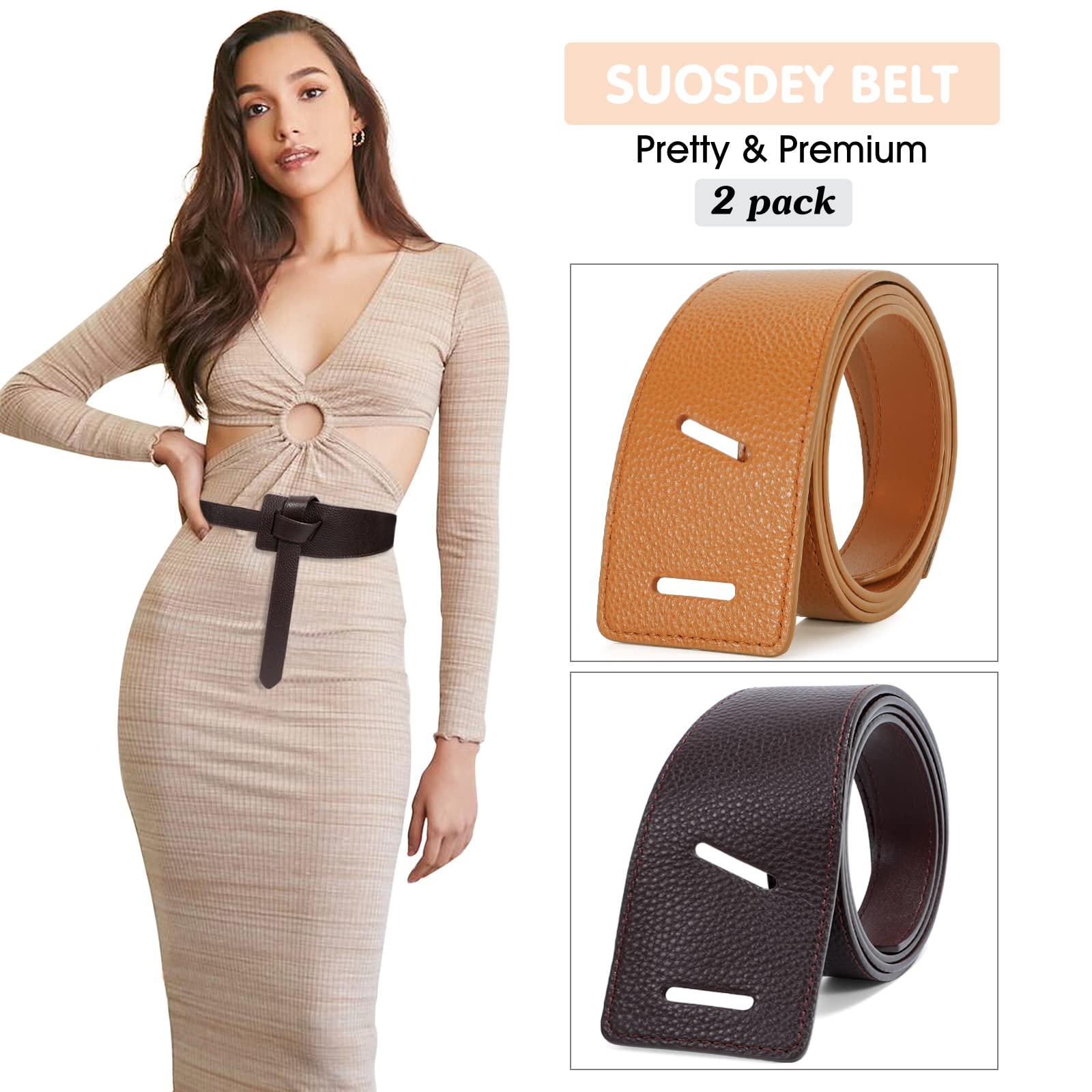 SUOSDEY 2 Pack Women Tie a Knot Belt Genuine Leather Full Grain Leather Waist Belt for Dress Coat Clothing Accessories