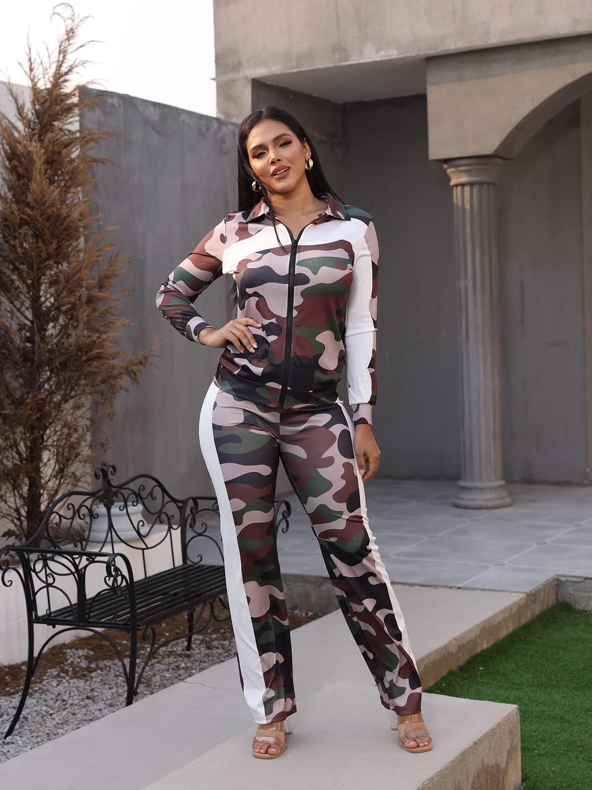 Adogirl Womens Two Piece Outfits Zipper Up Pattern Print Long Sleeve Jogging Weat Suits Matching Jogger Long Pants Set