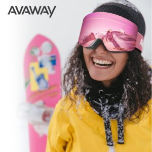 AVAWAY Rimless Ski Snow Goggles Pink, Oversized Detachable Magnetic Lens-UV Protection Anti Fog Winter Sports Safety Glasses