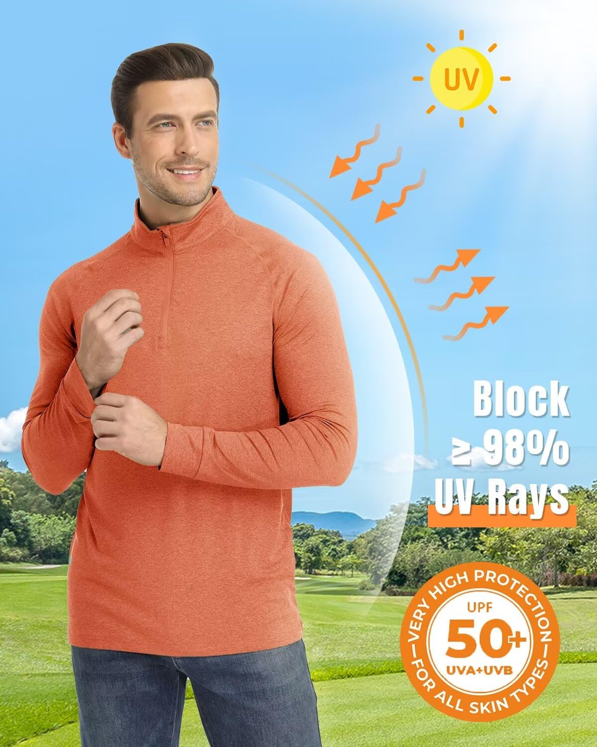 Boladeci Moisture Wicking Shirts for Men UPF 50+ UV Protection Long Sleeve Sun Protection Shirts Orange SPF Dry Fit Sun Shirts Rash Guard Golf Tops