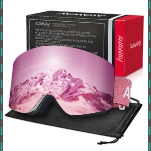 AVAWAY Rimless Ski Snow Goggles Pink, Oversized Detachable Magnetic Lens-UV Protection Anti Fog Winter Sports Safety Glasses