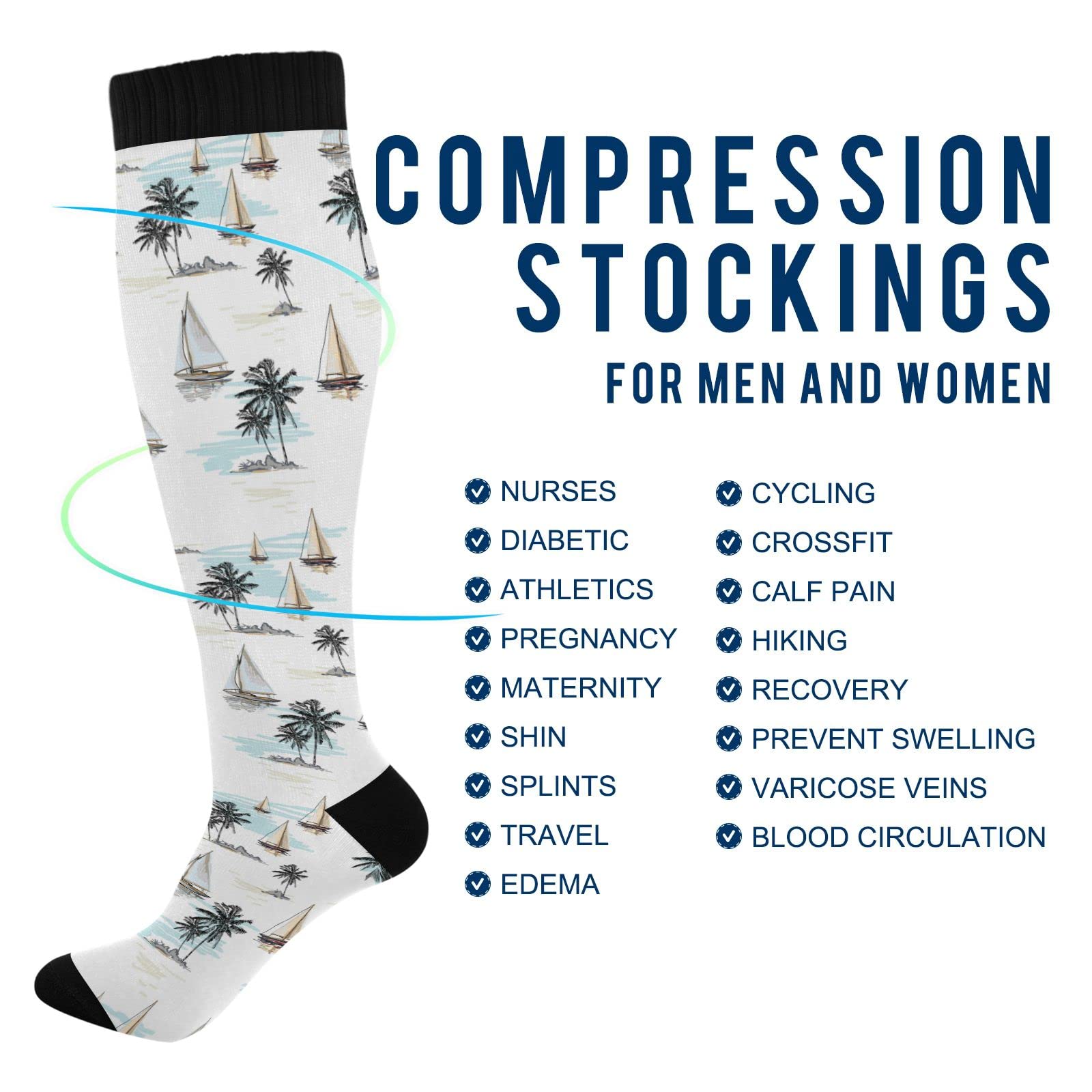 Kigai 1 Pair Palm Tree Sailboats Compression Socks 20-30mmHg Knee High Women Socks Tube Athletic Stockings for Men Sport Soccer Running Cycling Medical Nurse Winter Travel