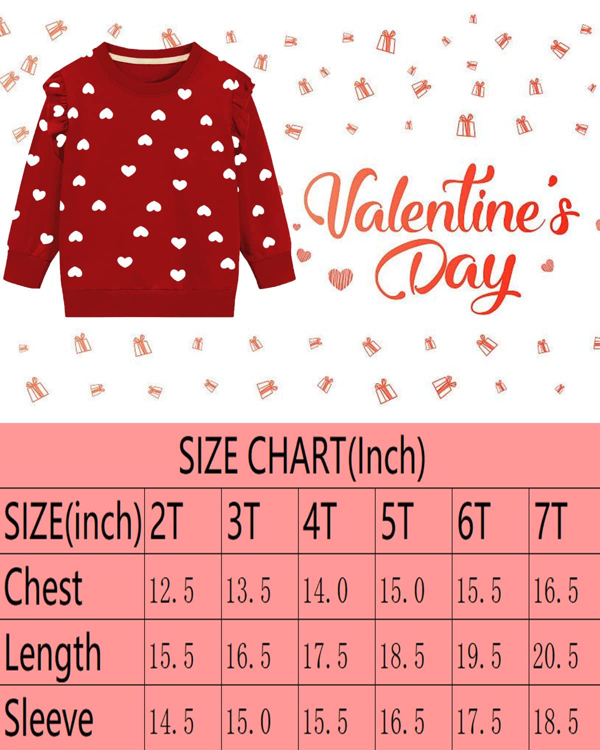 DDSOL Girls Red Sweatshirts Heart Casual Pullover Sweater Cotton Crewneck Ruffle Long Sleeve Holiday Clothes Kids Girl Fall Winter Shirts Tops White Heart 7T