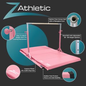 Z ATHLETIC Flyaway Duo Adjustable Horizontal Bar and 4 Ft x 6 Ft Gymnastics Mat, Pink