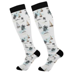 kigai 1 pair palm tree sailboats compression socks 20-30mmhg knee high women socks tube athletic stockings for men sport soccer running cycling medical nurse winter travel