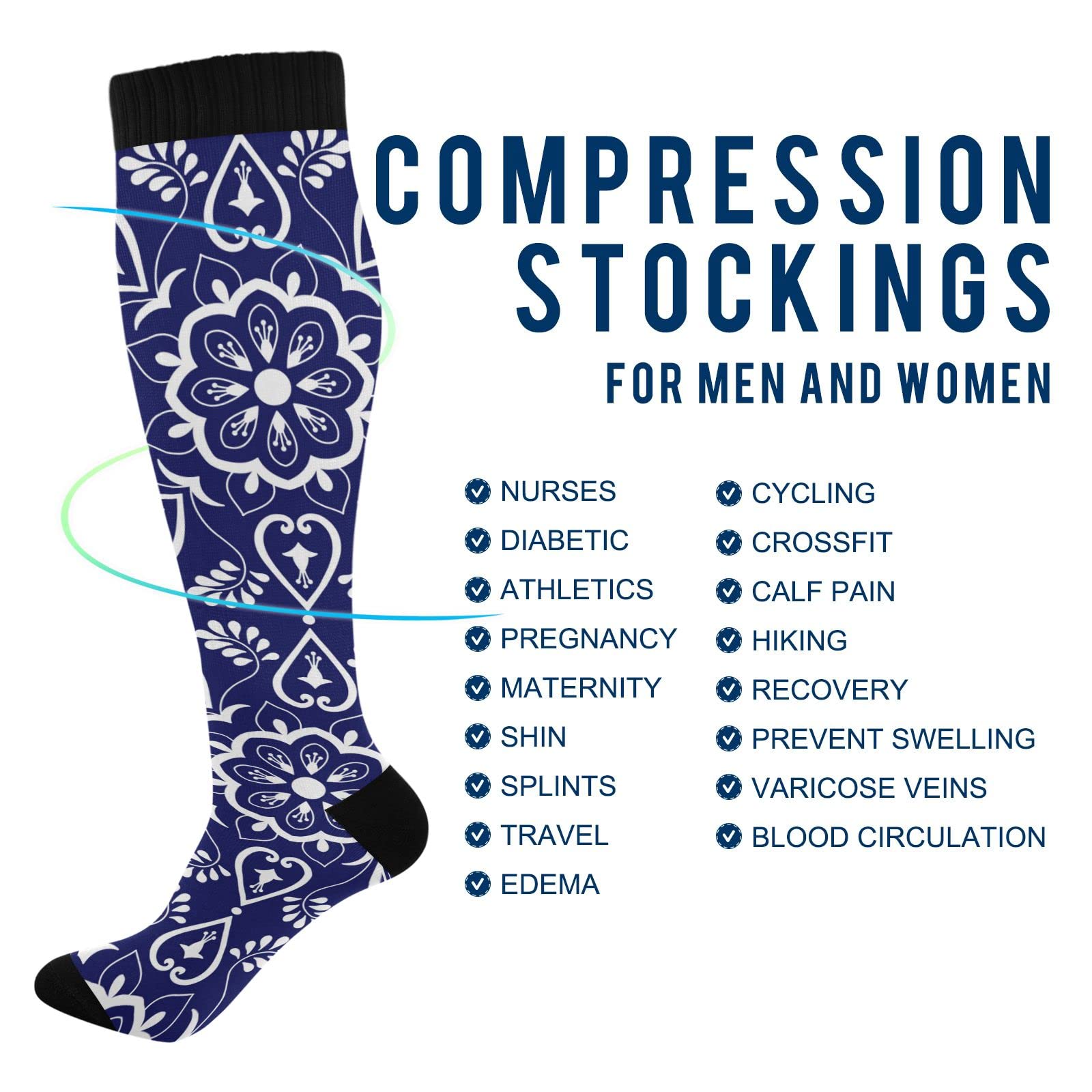 Kigai 1 Pair Blue Mexican Talavera Compression Socks 20-30mmHg Knee High Women Socks Tube Athletic Stockings for Men Sport Soccer Running Cycling Medical Nurse Winter Travel