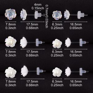 HINZIC 6 Pairs 6mm 8mm Plastic Clear Earrings 3D Rose Earrings Stud Post Hypoallergenic for Sensitive Ears Women Teen Girls Valentines Wedding Prom Mothers Day Gift