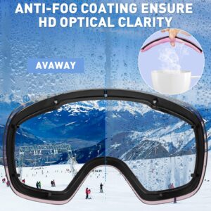 AVAWAY Rimless Ski Snow Goggles Pink, Oversized Detachable Magnetic Lens-UV Protection Anti Fog Winter Sports Safety Glasses