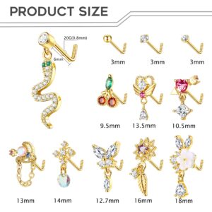 Sanfenly 12Pcs 20G Dangle Nose Studs for Women Stainless Steel L Shaped Nose Studs CZ Cherry Snake Heart Butterfly Flower Moon Dangling Nose Piercing Jewelry