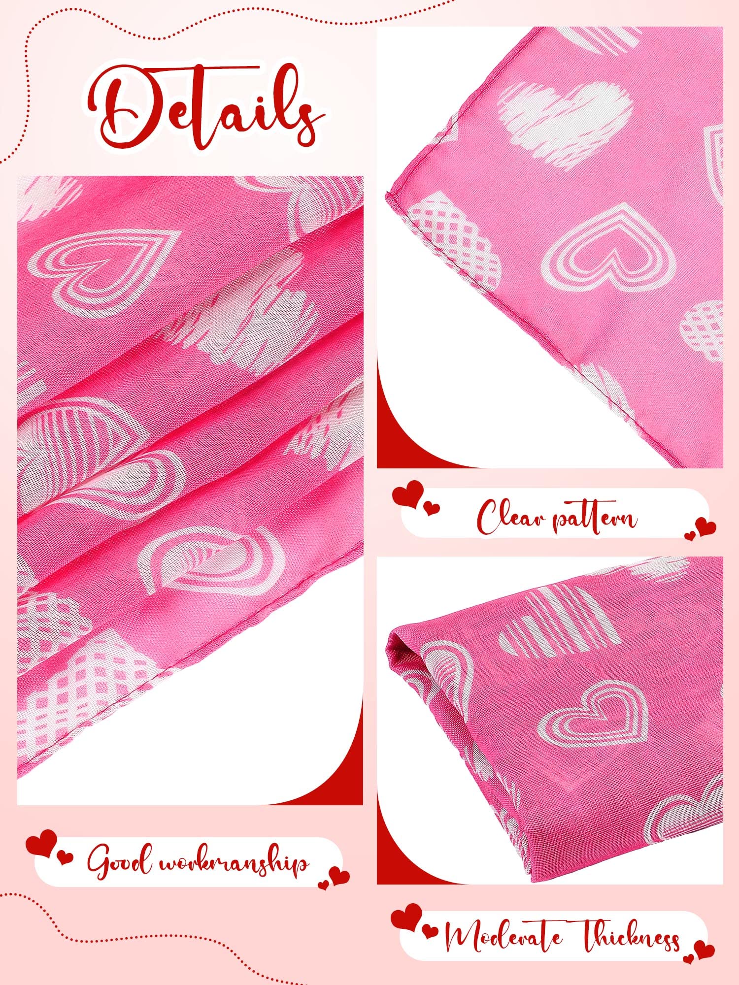 4 Pieces Valentine's Day Scarf for Women Pink White Heart Print Scarf Valentines Scarf for Women Girl Christmas Birthday Valentine's Gift, 4 Styles