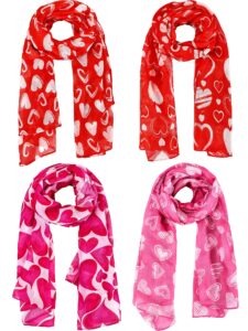 4 pieces valentine's day scarf for women pink white heart print scarf valentines scarf for women girl christmas birthday valentine's gift, 4 styles