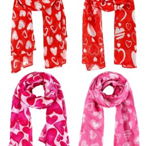 4 Pieces Valentine's Day Scarf for Women Pink White Heart Print Scarf Valentines Scarf for Women Girl Christmas Birthday Valentine's Gift, 4 Styles