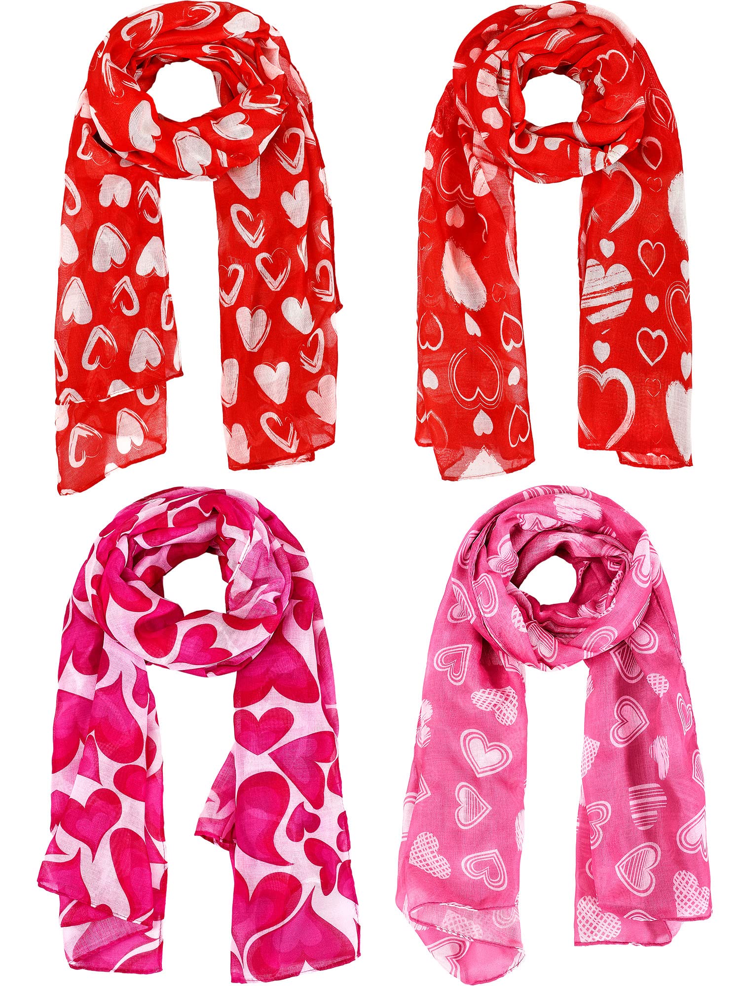 4 Pieces Valentine's Day Scarf for Women Pink White Heart Print Scarf Valentines Scarf for Women Girl Christmas Birthday Valentine's Gift, 4 Styles