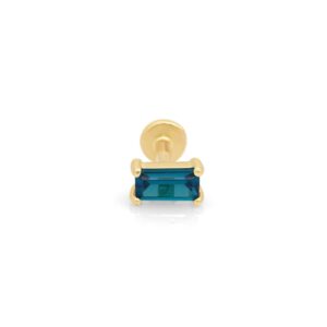 14k Solid Gold Baguette Cut Blue Topaz Gemstone Birthstone CZ Solitaire Stud Earring Piercing Internally Threaded Cartilage Tragus Helix Conch Stud Screw On Flat Back Piercing Jewelry Women Men Girl