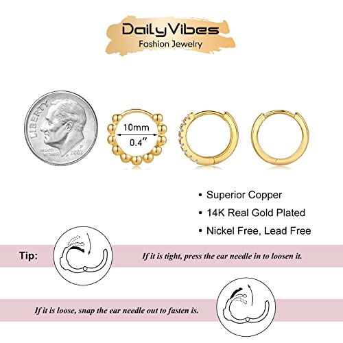 DAILY VIBES Small Gold Hoops Huggie Earrings for Women 14K Real Gold Plated Dainty Cubic Zirconia Mini Bead Cartilage Earring Hypoallergenic Hoop Earrings Set for Women