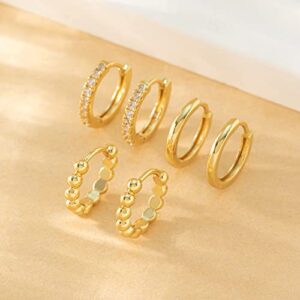 DAILY VIBES Small Gold Hoops Huggie Earrings for Women 14K Real Gold Plated Dainty Cubic Zirconia Mini Bead Cartilage Earring Hypoallergenic Hoop Earrings Set for Women