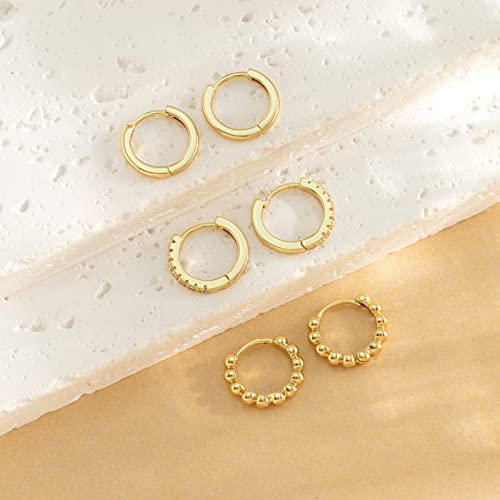 DAILY VIBES Small Gold Hoops Huggie Earrings for Women 14K Real Gold Plated Dainty Cubic Zirconia Mini Bead Cartilage Earring Hypoallergenic Hoop Earrings Set for Women