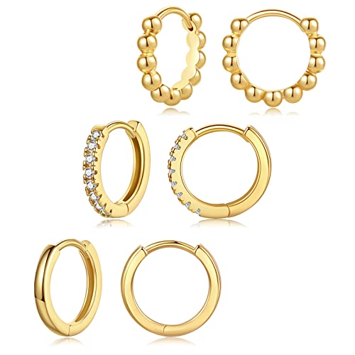 DAILY VIBES Small Gold Hoops Huggie Earrings for Women 14K Real Gold Plated Dainty Cubic Zirconia Mini Bead Cartilage Earring Hypoallergenic Hoop Earrings Set for Women