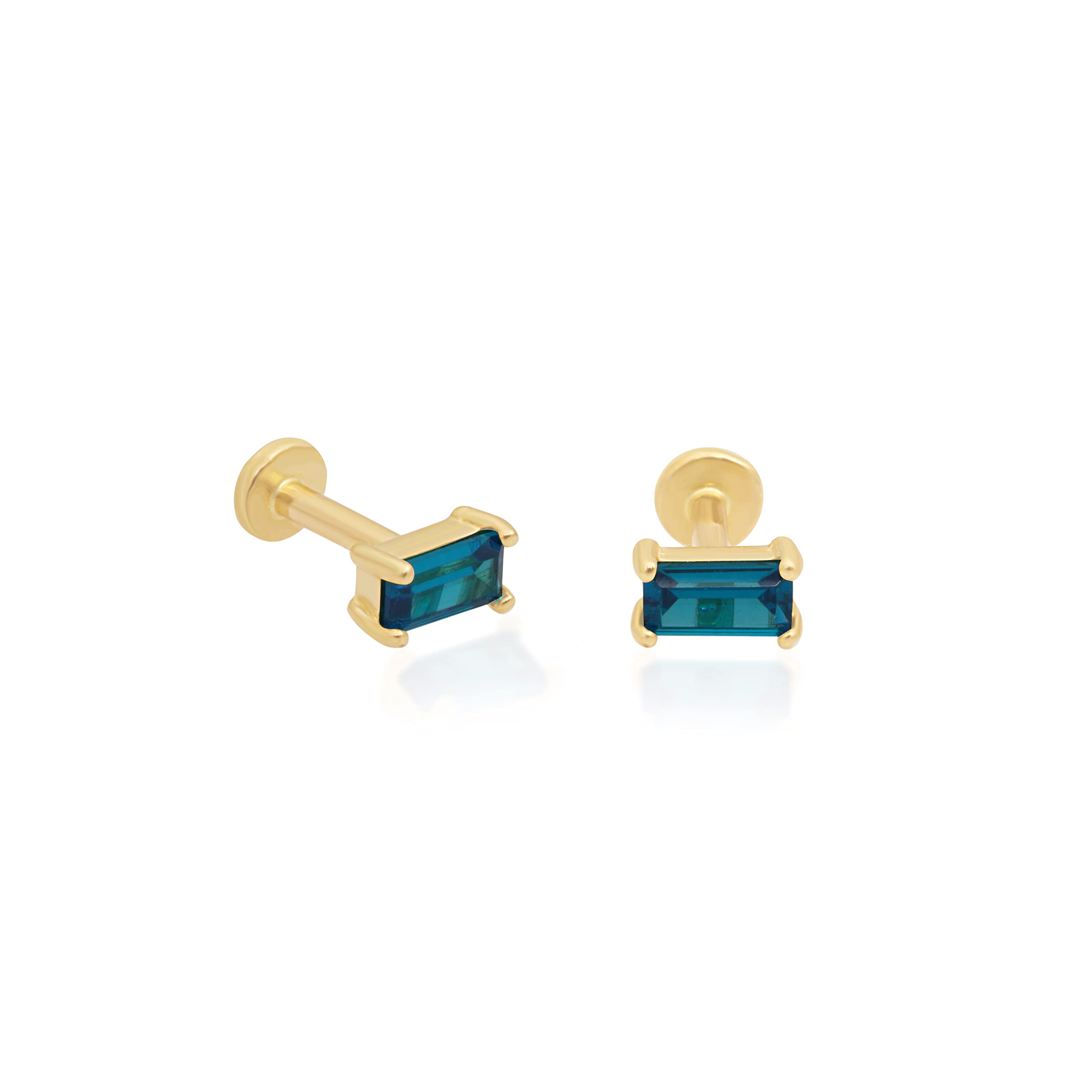 14k Solid Gold Baguette Cut Blue Topaz Gemstone Birthstone CZ Solitaire Stud Earring Piercing Internally Threaded Cartilage Tragus Helix Conch Stud Screw On Flat Back Piercing Jewelry Women Men Girl