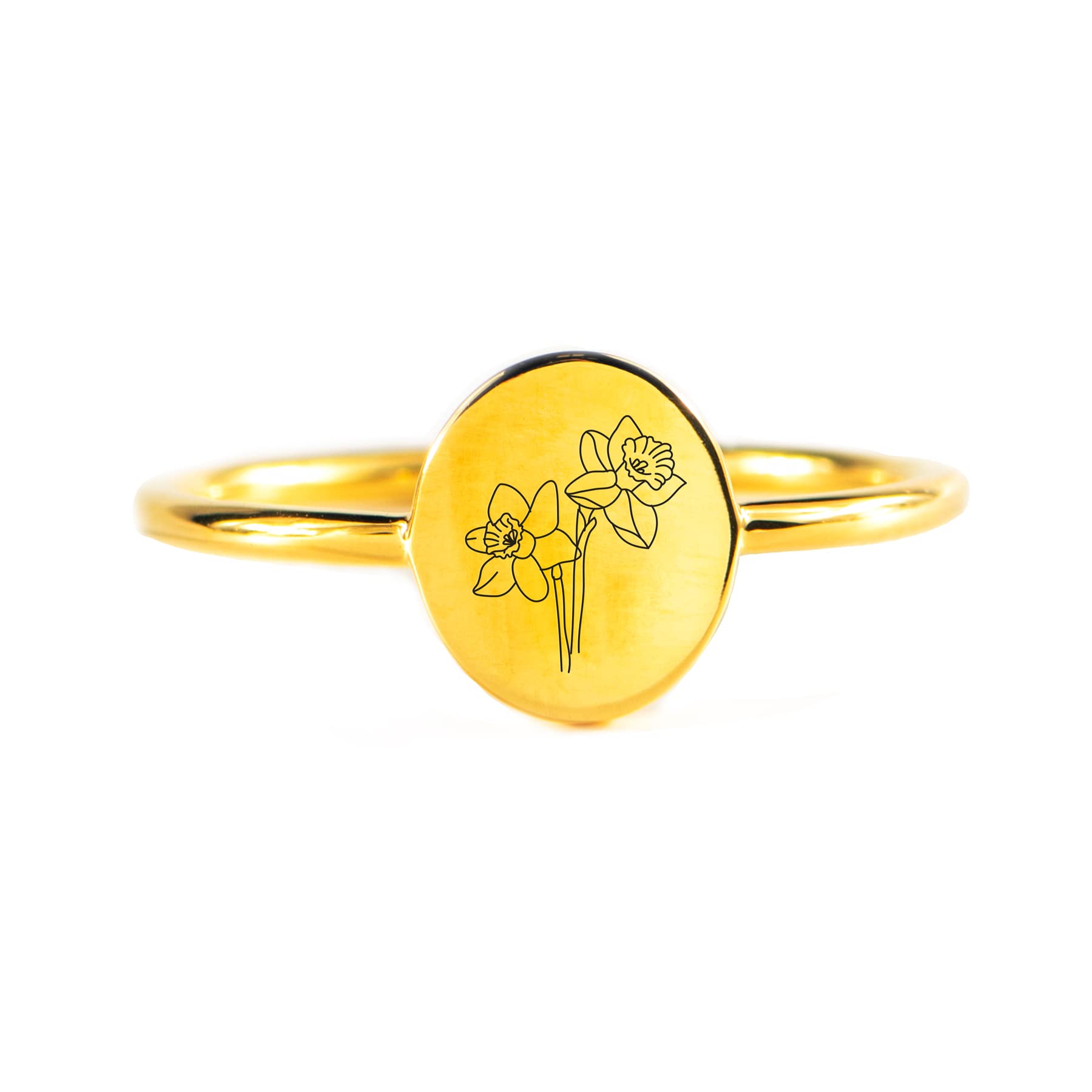 Story Jewellery Birth Month Flower Rings for Women, Gold Plated Engraved Signet Birth Month Floral Rings for Her, Non-Precious Metal, No Gemstone