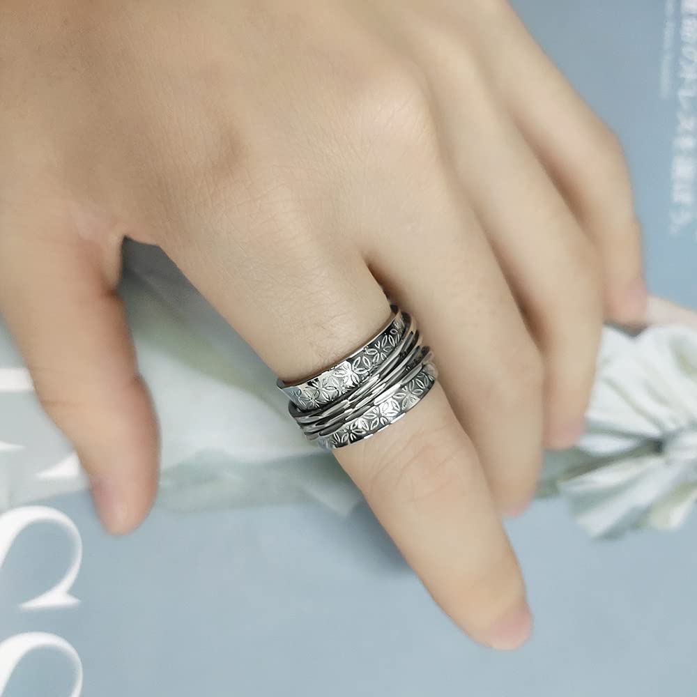 Flowers Stainless Steel Spinner Rings Fidget Band for Women Girls Men Rotating Stress Relief Anxiety Finger Wide Ring Matching Couple Promise Jewelry Girlfriend Boyfriend Bff Gifts Valentine's Day Birthday (10)