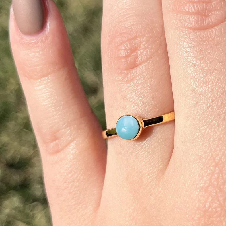 Larimar Ring, Dainty 18k Gold Stackable Ring, 5x5 mm Round Cabochon Natural Larimar Ring, Sterling Silver Handmade Ring, Ring for Her (10)