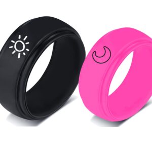 YUNGELX Best Friend Ring for 2 Silicone Sun Moon Couple Ring 8MM Black + Rose Pink Breathable Silicone Rubber Step Edge Dome Comfort Fit Wedding Band Rings for Girlfriend Boyfriend,Size 10+7