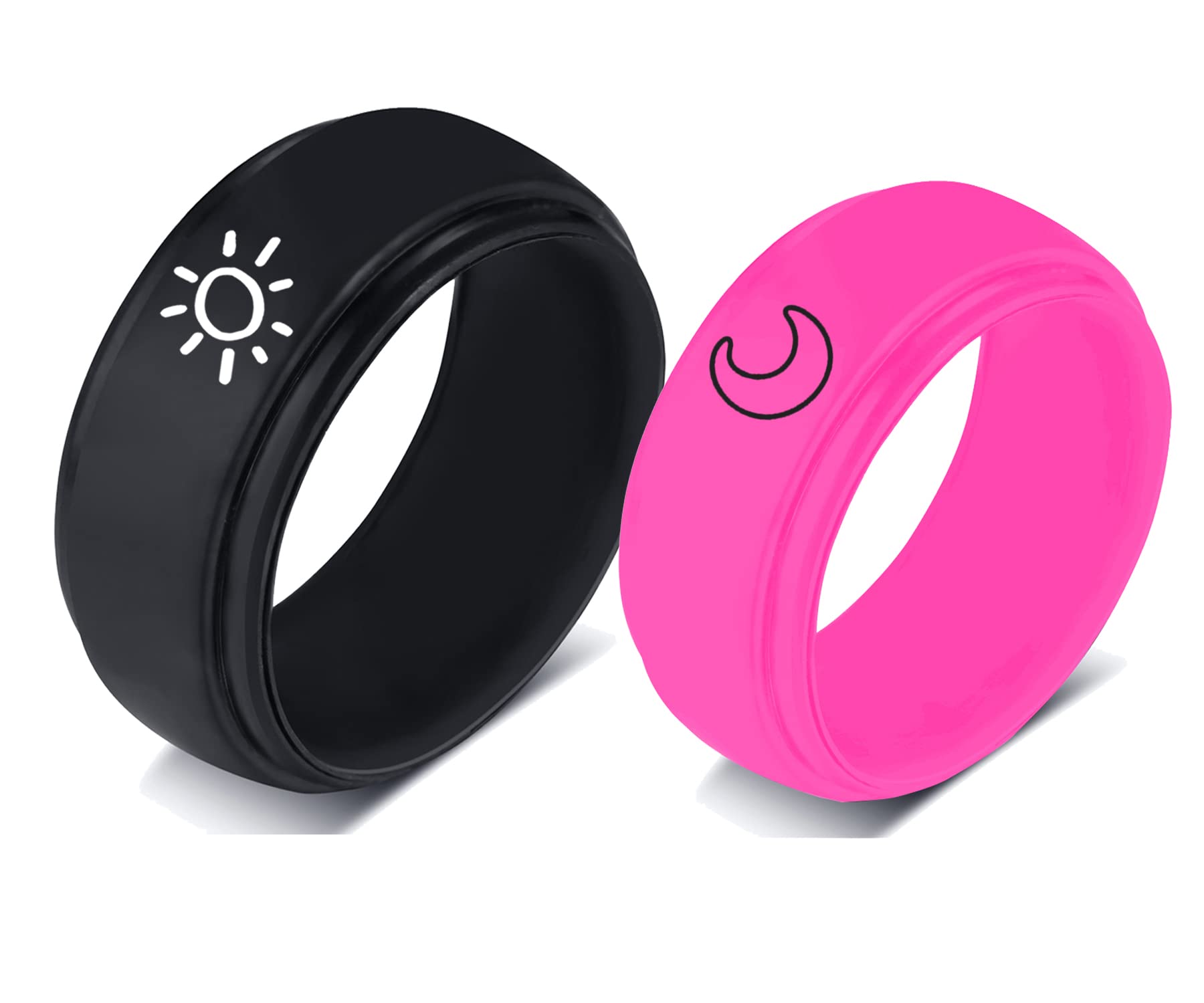 YUNGELX Best Friend Ring for 2 Silicone Sun Moon Couple Ring 8MM Black + Rose Pink Breathable Silicone Rubber Step Edge Dome Comfort Fit Wedding Band Rings for Girlfriend Boyfriend,Size 10+7