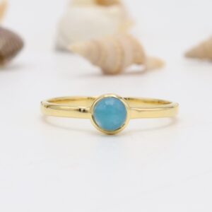 Larimar Ring, Dainty 18k Gold Stackable Ring, 5x5 mm Round Cabochon Natural Larimar Ring, Sterling Silver Handmade Ring, Ring for Her (10)