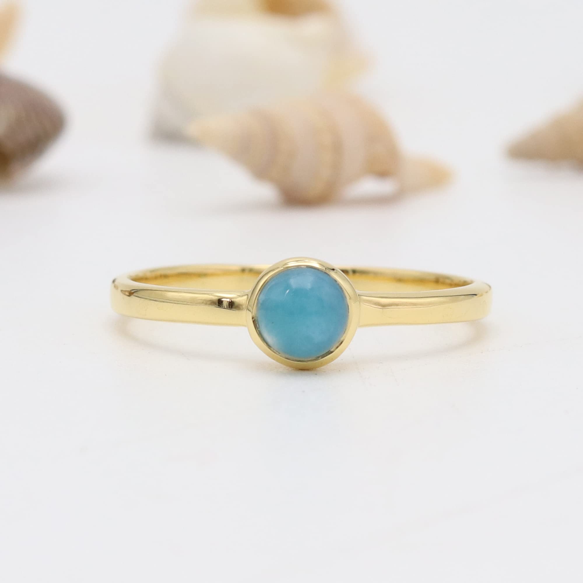 Larimar Ring, Dainty 18k Gold Stackable Ring, 5x5 mm Round Cabochon Natural Larimar Ring, Sterling Silver Handmade Ring, Ring for Her (10)