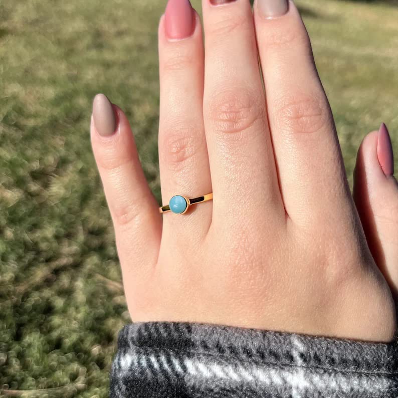 Larimar Ring, Dainty 18k Gold Stackable Ring, 5x5 mm Round Cabochon Natural Larimar Ring, Sterling Silver Handmade Ring, Ring for Her (10)