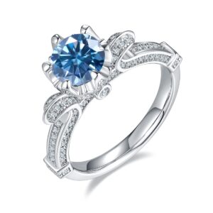 Gem's Beauty Blue Moissanite Rings Wedding Promise Ring for Women 18K White Gold Plated 925 Sterling Silver 1.0Ct Antique Style Moissanite Halo Engagement Rings Christmas Gifts for Her(Size 8)