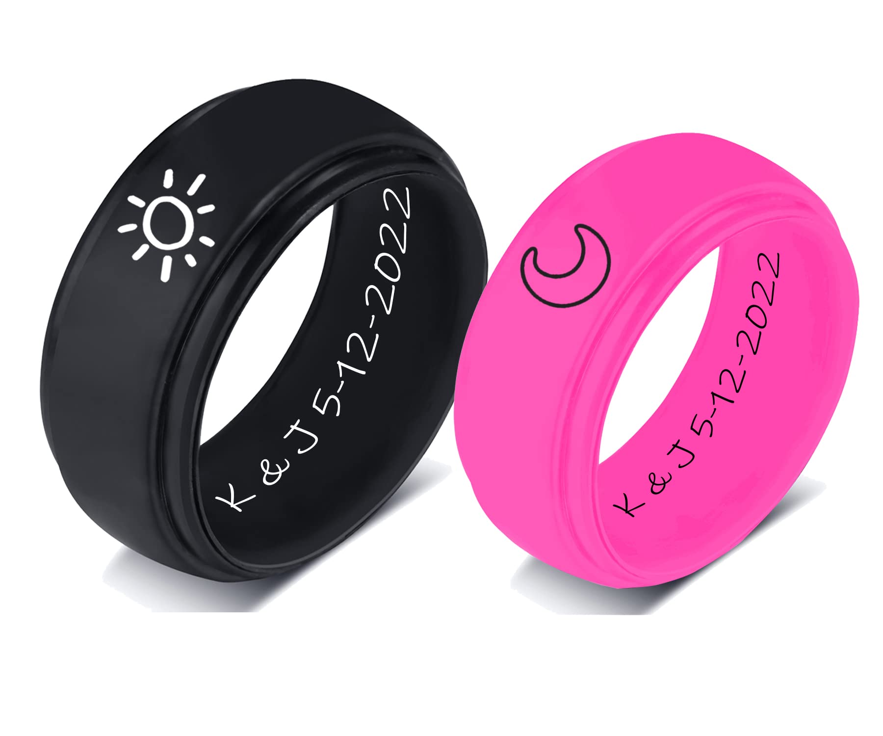 YUNGELX Customize Best Friend Ring for 2 Silicone Sun Moon Couple Ring 8MM Black + Rose Pink Breathable Silicone Rubber Step Edge Dome Comfort Fit Wedding Band Promise Engagement Rings Set