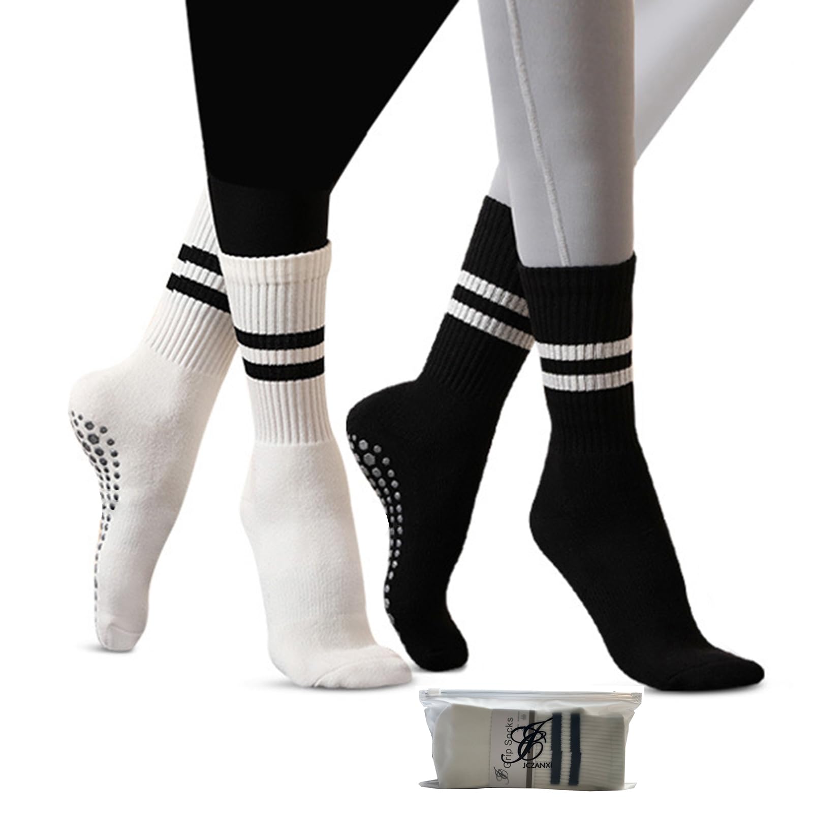 JCZANXI Yoga Socks with Grips for Women, Non Slip Socks for Yoga, Pilates, Barre, Dance | Ideal Cushioned Crew Socks (Stripe Black/White)