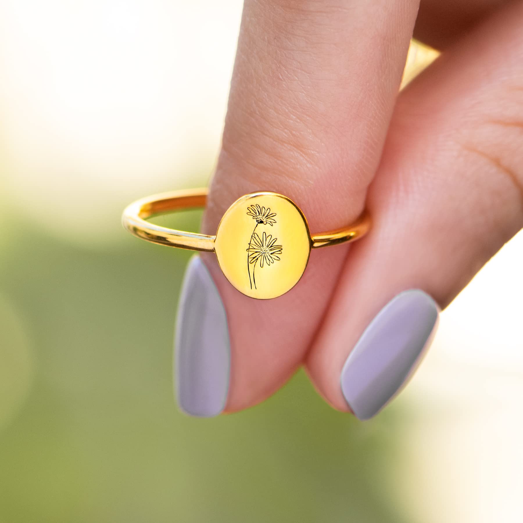 Story Jewellery Birth Month Flower Rings for Women, Gold Plated Engraved Signet Birth Month Floral Rings for Her, Non-Precious Metal, No Gemstone