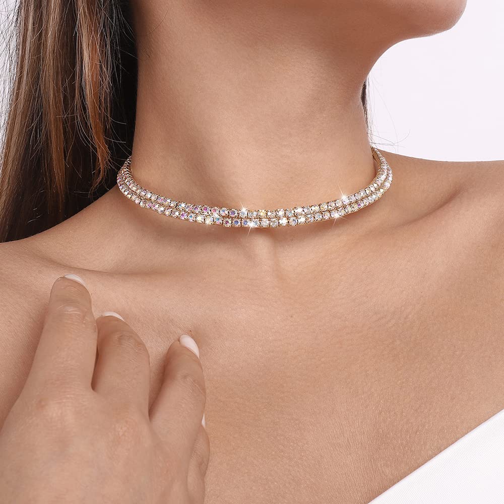 Vcagirest Layered Chain Choker Necklace Crystal Diamond Necklace Prom Wedding Party Statement Jewelry for Women and Girls (Gold)